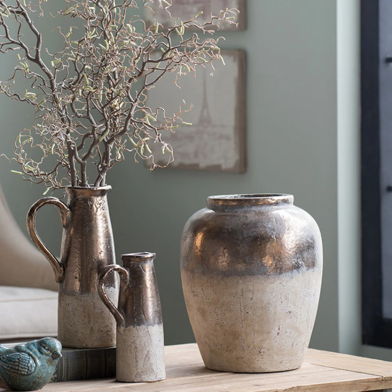 Ваза из грубой керамики винтажный Состаренный орнамент Цветочная композиция для