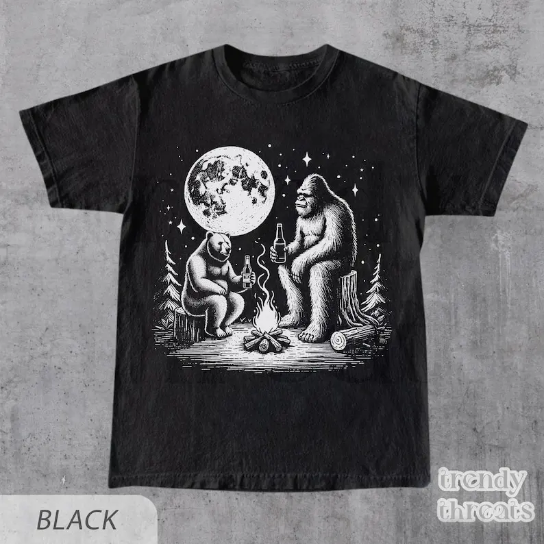 Camiseta gráfica de fogata con cerveza Bigfoot y oso camiseta неформальный для акмпара идеальный excursionistas
