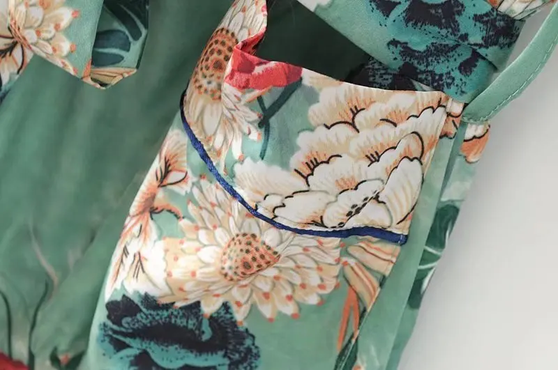 Bohemian Green Floral Print Women Kimono Robe Shirt Lacing up Sashes Above Knee Cardigan Loose Bikini Cover Blouse Tops Beach