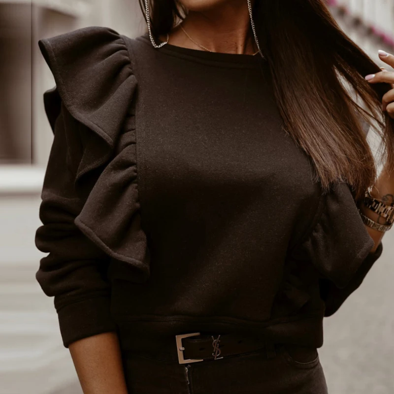 

Spring Pink Autumn Women Casual Solid O Neck Pullovers Ladies Fitted Fleece Sweatshirts Loose Long Sleeve Ruffled Sweatshirts