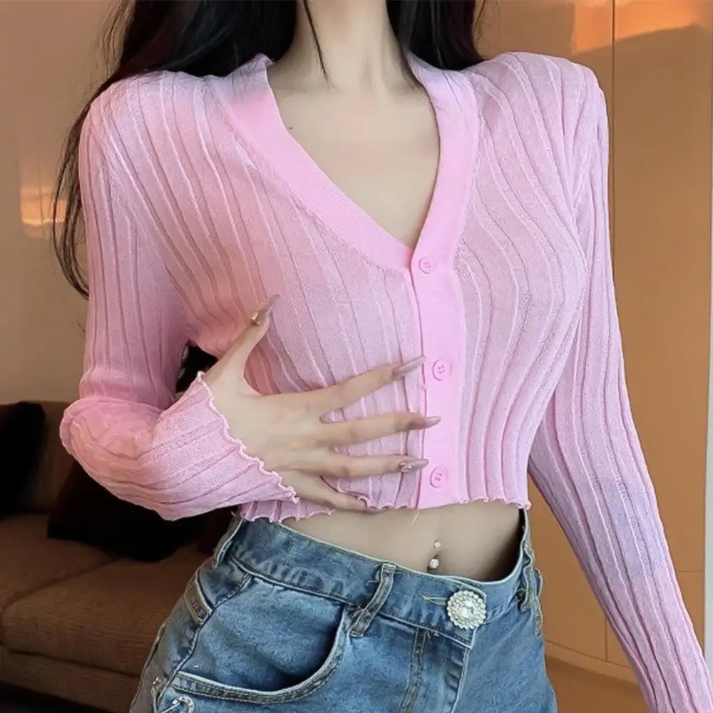

V Neck Women Autumn Knitwear Long Sleeve Blouse Slim Cardigan Cropped Buttons Knitwear