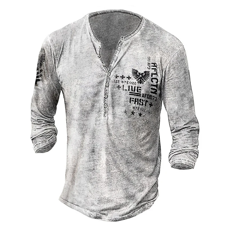

Vintage Buttoned Crew Neck T Shirts Men Autumn Long Sleeve Tee Shirt Mens Clothing Casual Loose Pullover Fashion Male Streetwear