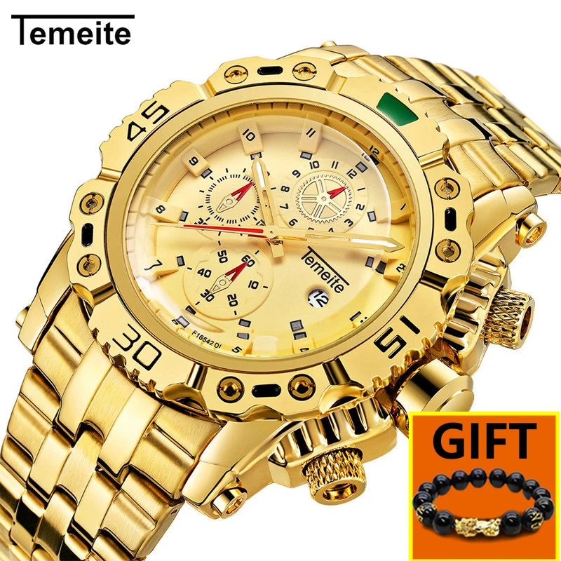 

Temeite Golden Men Watches with Bracelet Luxury Brand Waterproof Military Big Dial Full Gold Male Wristwatches Relogio Masculino