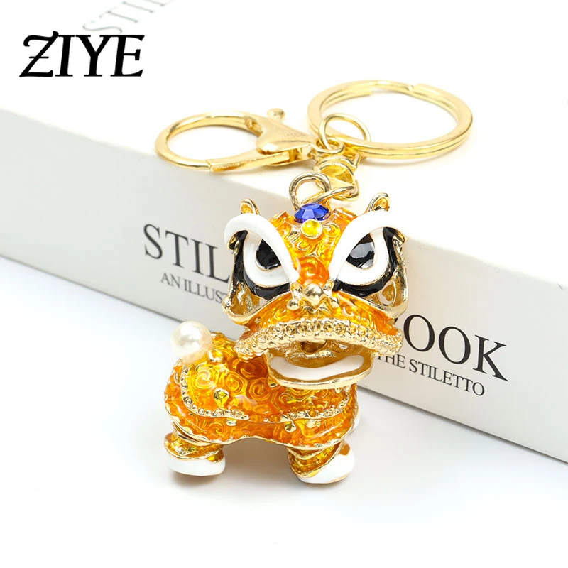 

Lion Dance Pendant Keychains Animal Rhinestone Crystal Alloy Keyrings For Fashion Chinese Style Handbag Luxury Gifts Accessories
