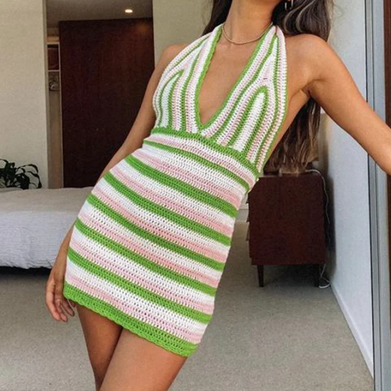 

Summer Y2k Mini Dresses Beach Knit Backless Dress Women 2021 Holiday Retro Sexy Halter V-Neck Sleeveless 2000s Aesthetic Bodycon