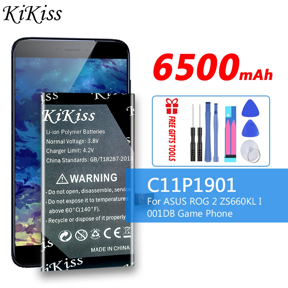 

Original KiKiss for ASUS High Capacity C11P1901 Phone Battery For ASUS ROG 2 Game Phone ZS660KL I001DB 6500mAh +Tools