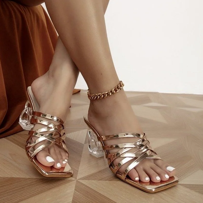 

2022 NEW Leather Peep Toe Hollow Designer Slides Light Non-Slip Heels Slippers Women Elegant Gold Party Shoes Large Size 35~43
