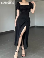 iamsure vintage solid split a line dress holiday beach style sexy square collar puff sleeve maxi dresses for women 2022 summer