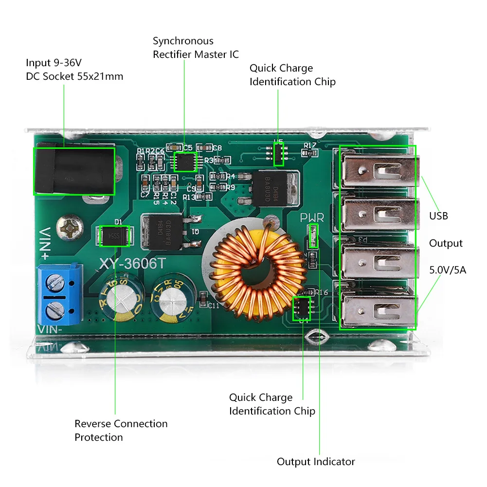 Понижающий модуль питания от 24 В/12 В до 5 5A с 4 USB-выходами преобразователь