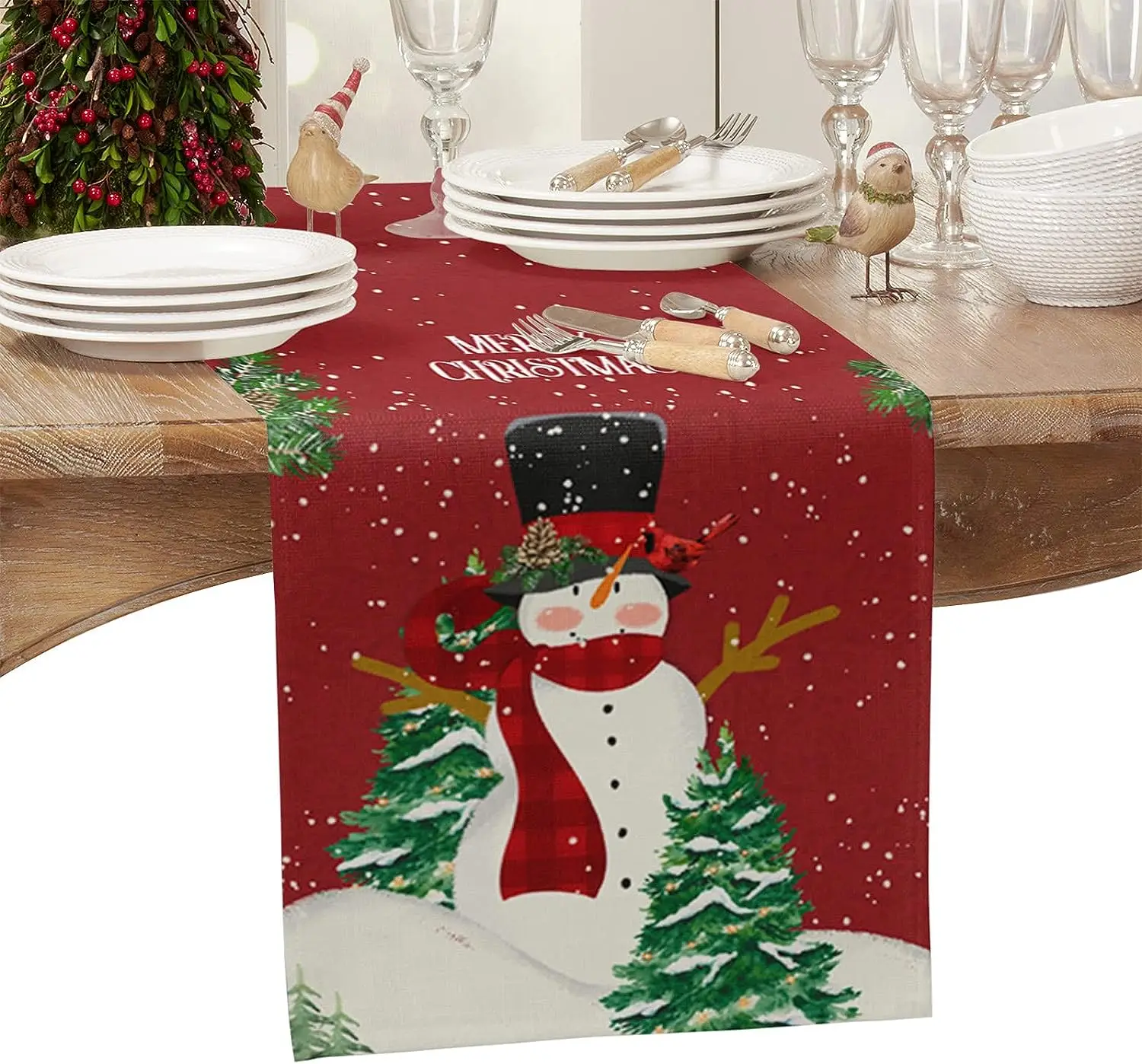 

Christmas Snowman Xmas Tree Linen Table Runners Dresser Scarves Table Decor Farmhouse Dining Table Runners Christmas Decorations