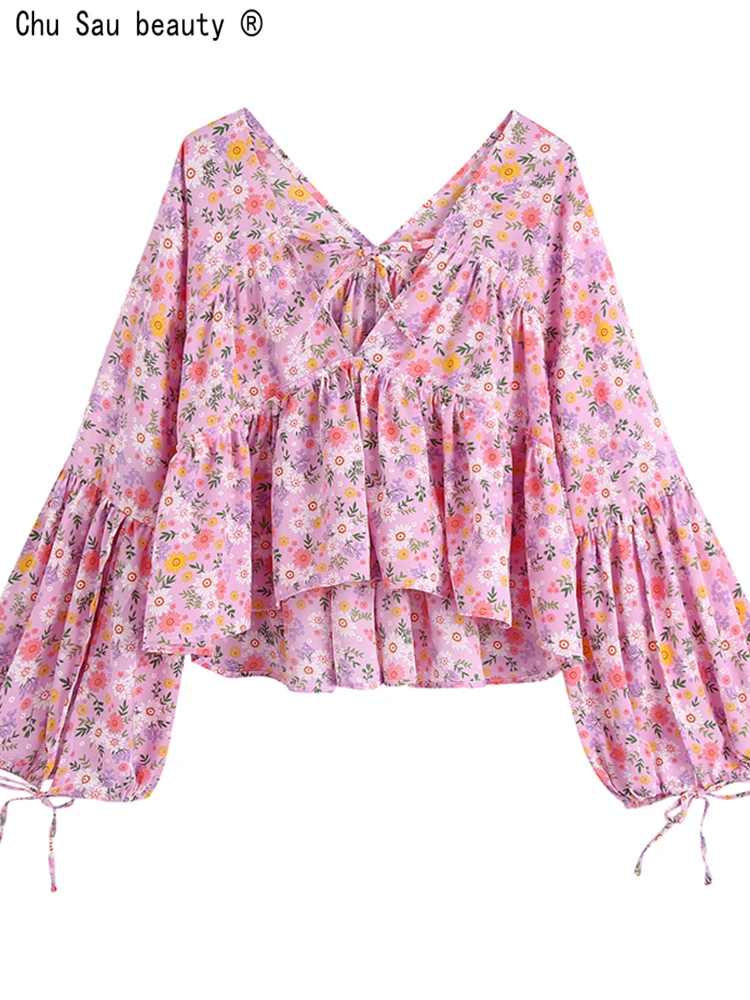 

2022 Summer New Fashion Women Vintage Cottagecore French V-Neck Tie Trumpet Sleeve Folds Floral Print Crop Top Blouse Chic