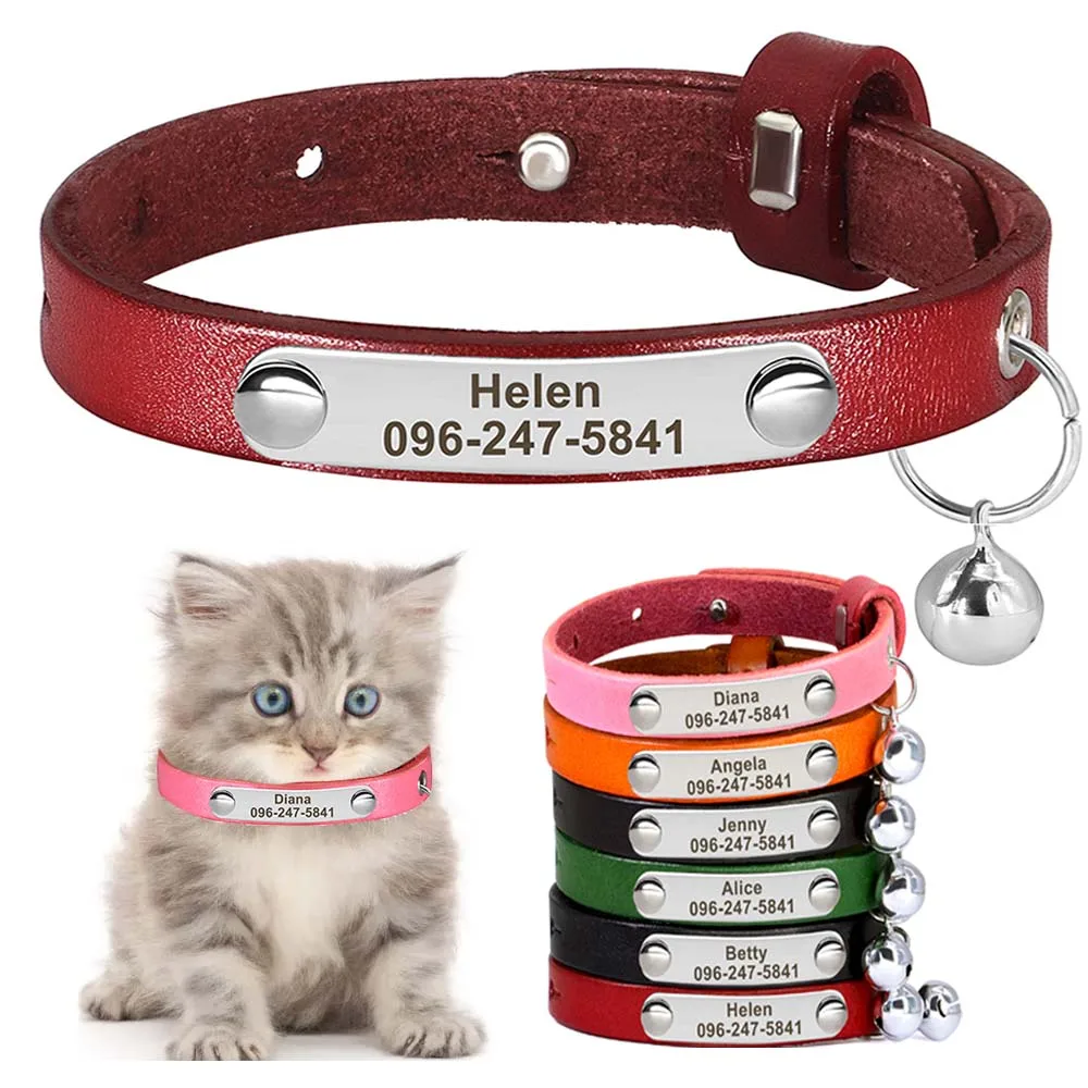 

Personalized Cat Collar Adjustable Dog Kitten Leather Collars With Bell Free Engraving Anti-lost for Cats Small Dogs Chihuahua