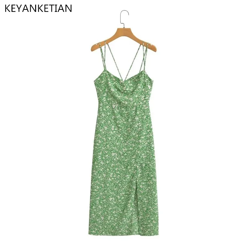KEYANKETIAN Summer Green Print Tight Sling Dress Resort Style Women Stretch Stitching Sleeveless Slit Ankle-Length Skirt