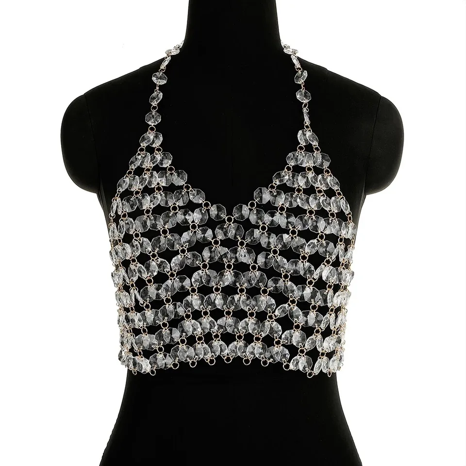 

Acrylic Sexy Short Top Women Fashion V Neck Backless Backless Crystal Bra Masquerade Stage Party Body Chain Jewelry Accessories