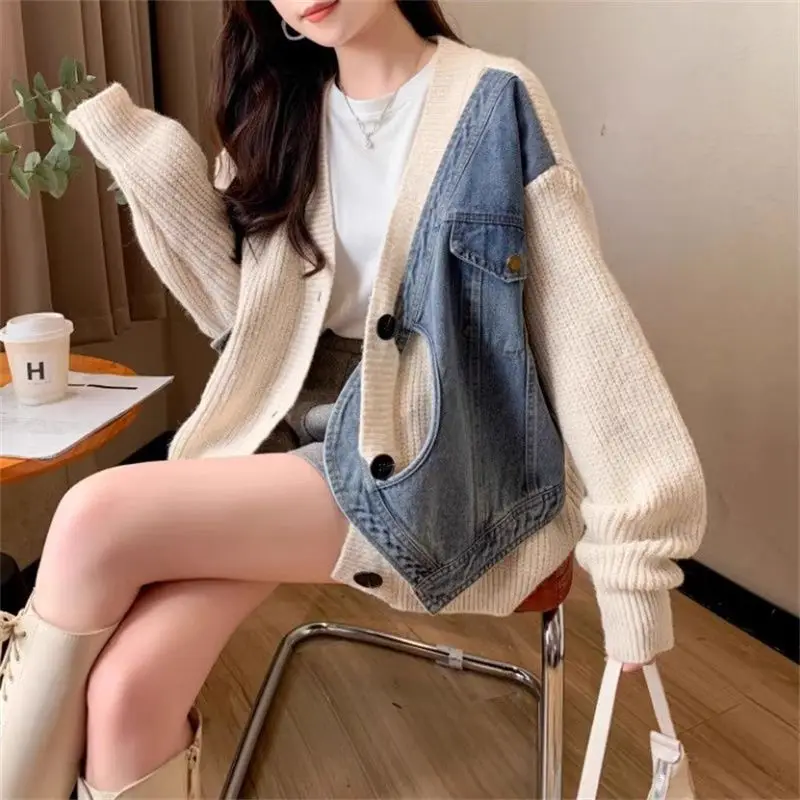 Джинсовый лоскутный вязаный кардиган пальто женское осенне-зимнее с v-образным