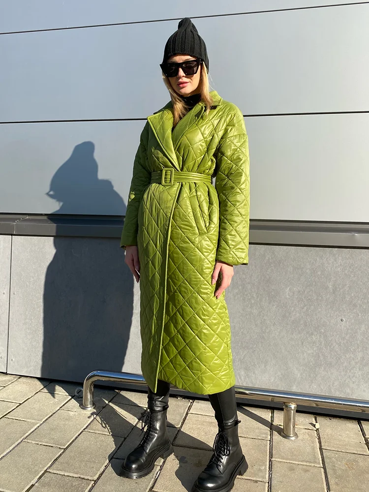 Winter Woman Coat 2022 Long Straight Rhombus Pattern Parkas Green Casual Sashes Windproof Warm Thick Coat Elegant Female Outwear