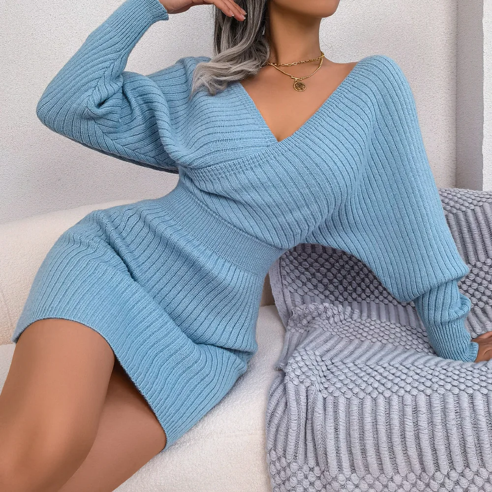 

2022 Autumn Women's Bodycon Dress, Cross V-Neck Dolman Long Sleeve Solid Color Mini Sweater Dresses