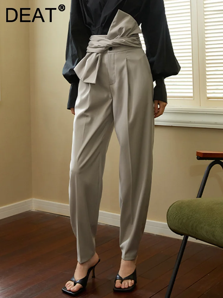 

DEAT Fashion Women Pants Asymmetric Folds Bow High Waist Button Gray Pencil Floor-length Trousers Female Autumn 2023 New 17A4825