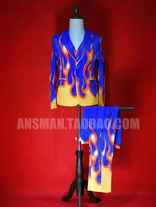 

Men's singer fashion male model blue bottom red flame high-end tsui stretch suits three-piece suits