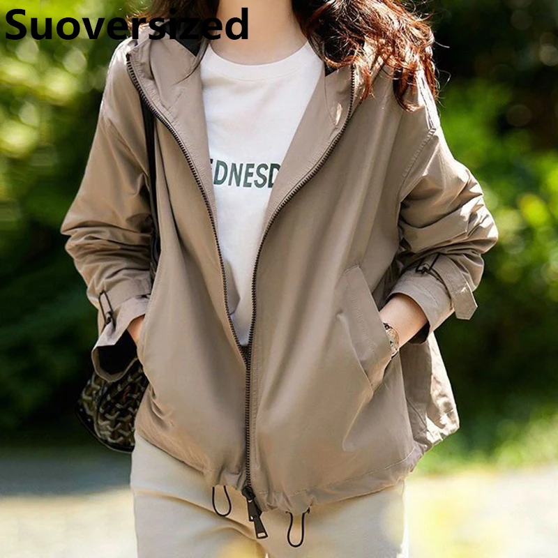 

Hooded Oversized 80kg Khaki Jackets For Women Spring Fall Loose Casual Fashion Outerwear Korean Design Chic Streetwear Coats