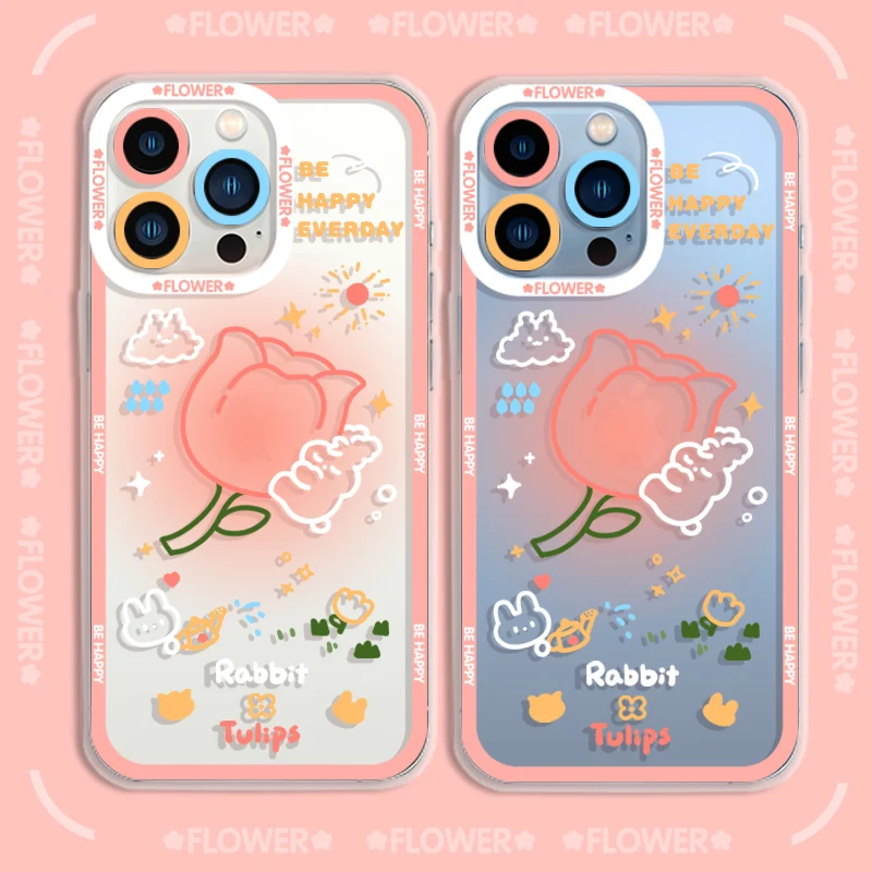 

cartoon cute tulip bunny spring phone case For iPhone 13 12 mini 11 pro xs max X XR 6 7 8 plus Angel Eye Silicone Transparent