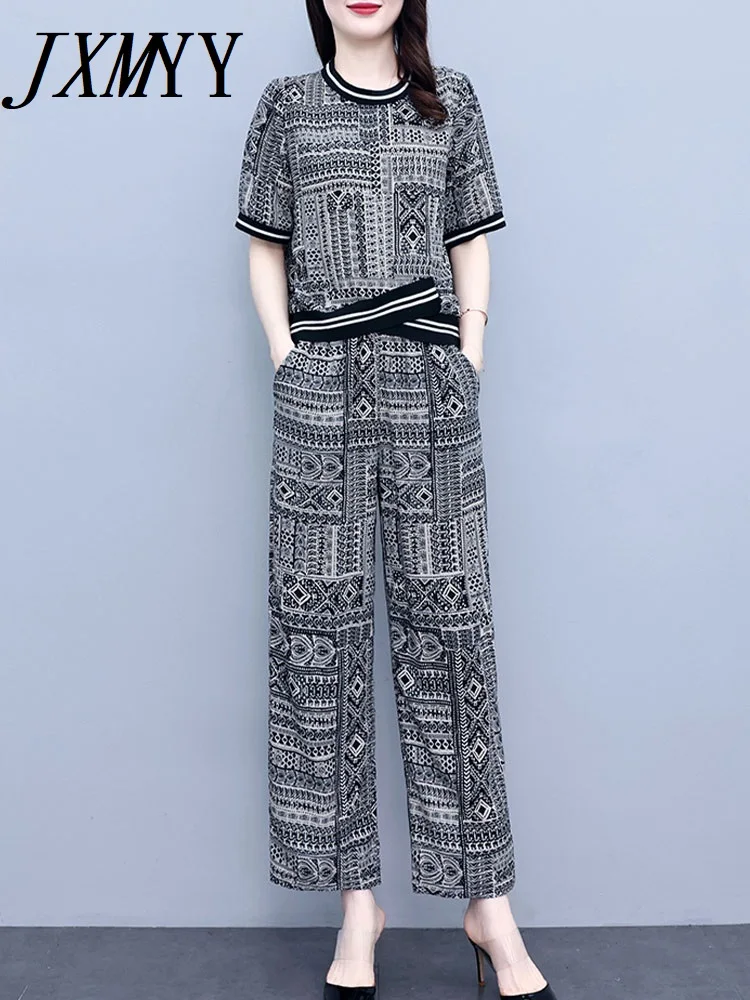 

JXMYY Summer New Large Size Casual Printed Wide Leg Pants Suit Fashionable Elegant Two-Piece Suit Women's Clothing