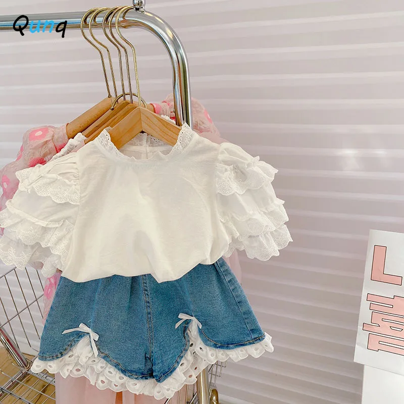 

Qunq Girls Summer Clothes White Short Sleeve Shirts Denim Shorts Two Piece Set Lace Flower Sweet Lovely Children Costume Suit