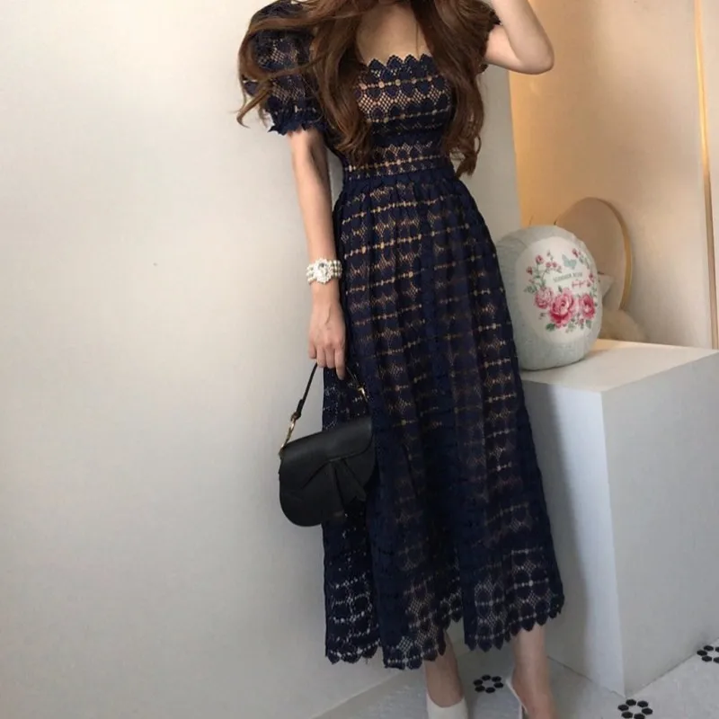 

Fashion Runway Women Holiday Dress 2022 Summer Elegant Short Sleeve Lace Hollow Out High Waist Female Midi Party Dress Vestidos
