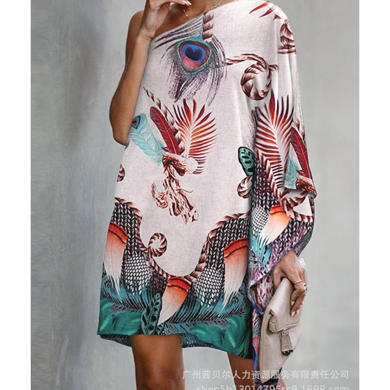 

Women's Dress Summer Sexy Loose Dress with Prints Women's Fashion Batwing Sleeve One Shoulder Off Shoulder Slash Neck Dress