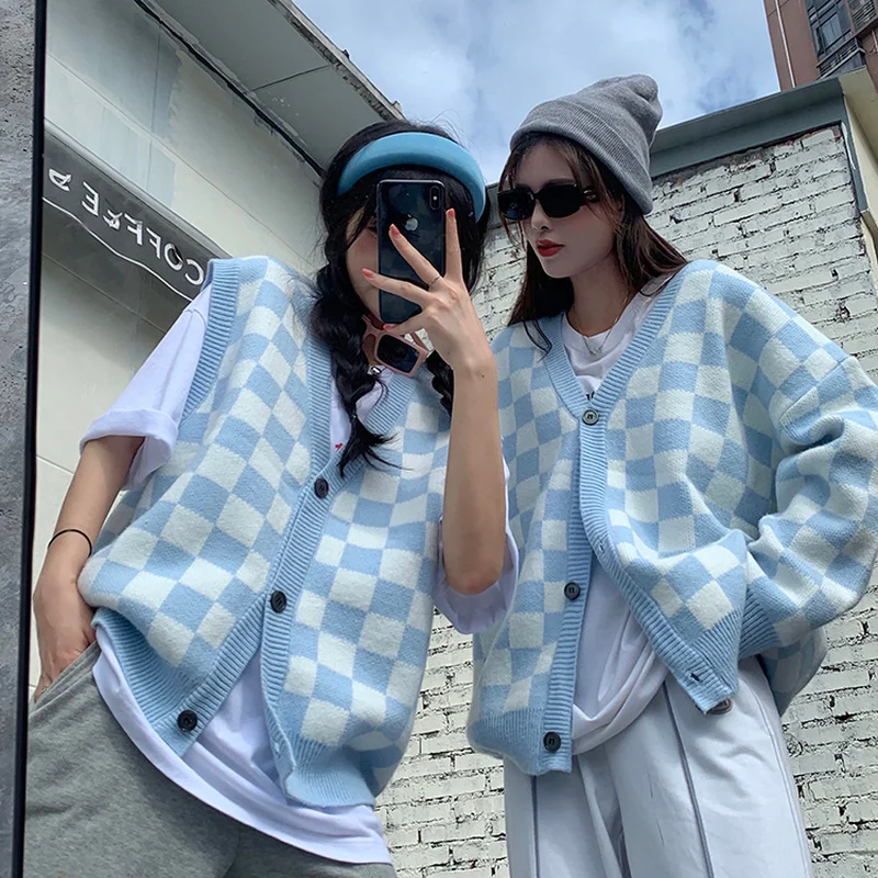

Blue Plaid Cardigans Vest Women Vintage Colorbloack Sweater Autumn Fashion Korean Loose Knitted Jacket Girlfriends