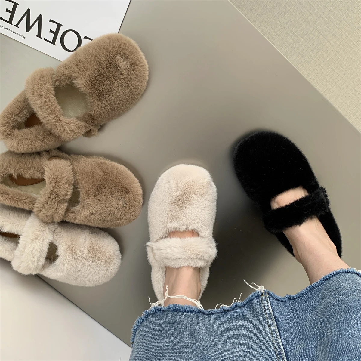 2022 Women's Flat Shoes Moccasin Women's Plush Winter Buckle Tower Indoor Loafers Women Fashion Casual Shoes Chunky Cute Student