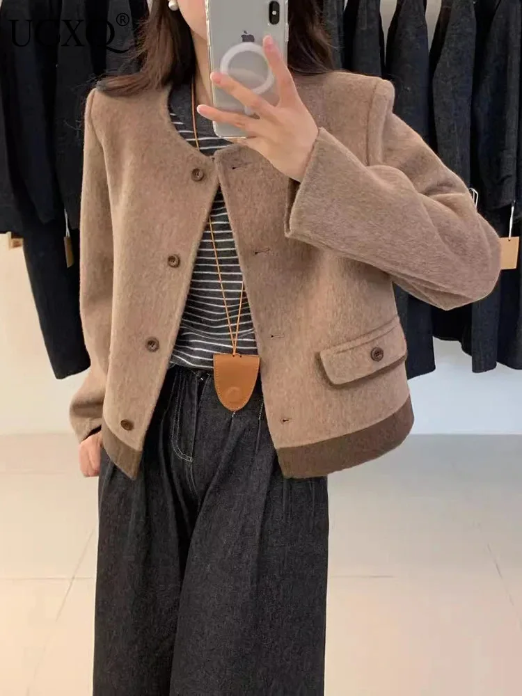 UCXQ Модная короткая куртка в европейском стиле с круглым вырезом и карманами