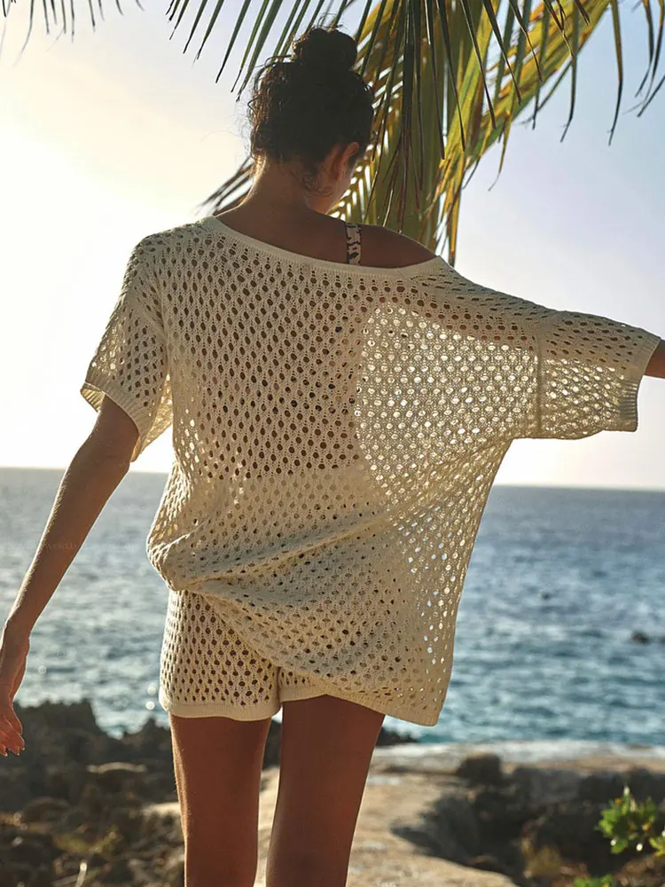 Модный вязаный комплект с короткими рукавами и шортами повседневный свободный