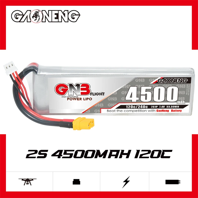 

Gaoneng GNB 4500mAh 120C 2S/3S/4S/5S/6S/8S 7.4V/11.1V/14.8V/18.5V/22.2V/29.6V LiPo Battery with XT60/XT90/T Plug for FPV Drones