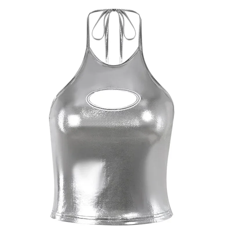 Новый женский топ с блестящими вырезами из лакированной кожи