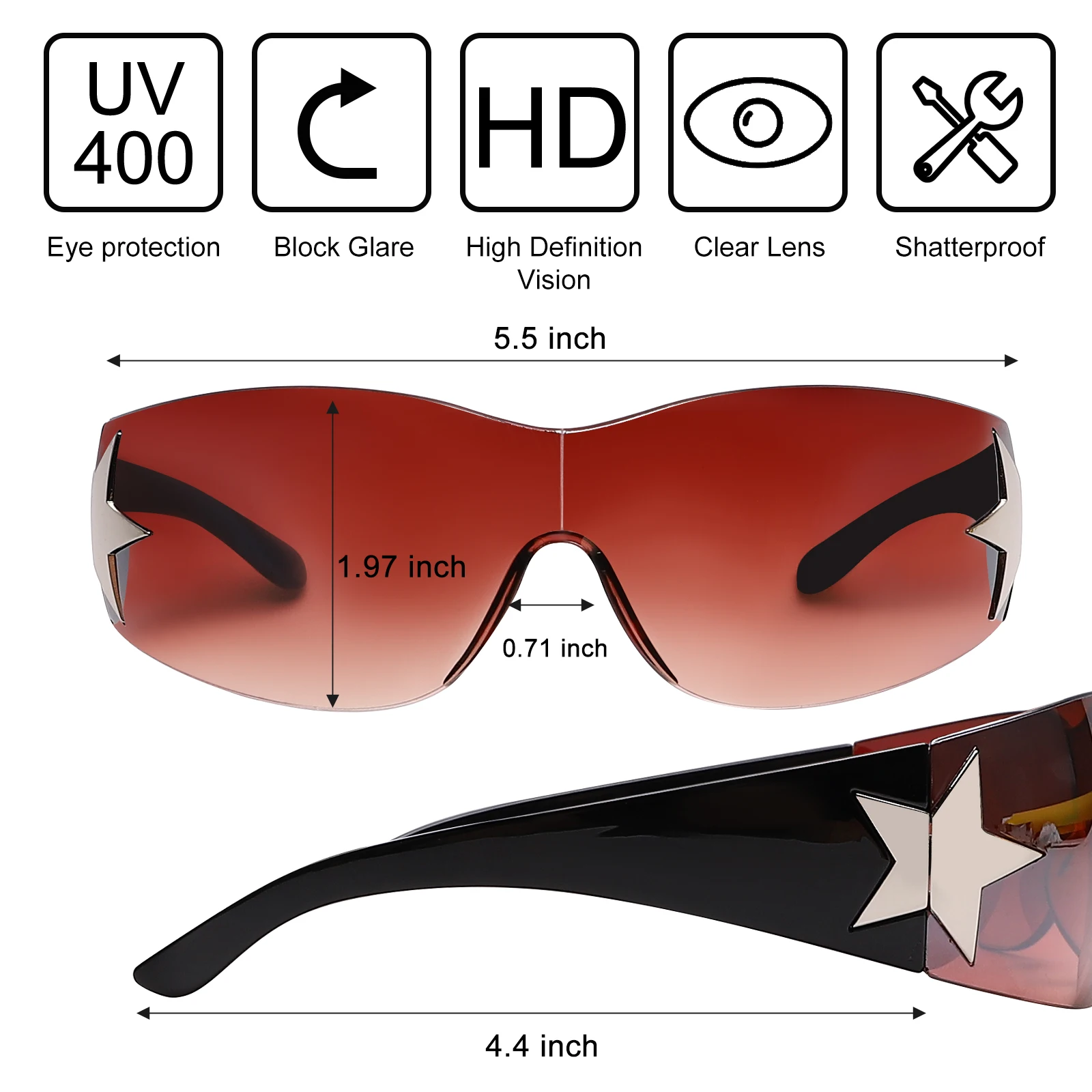 Five-pointed Star Rhinestone Rimless Y2K Sunglasses Women Men Trendy 2023'S Wrap Around Sun Glasses Punk One Piece Goggles 5