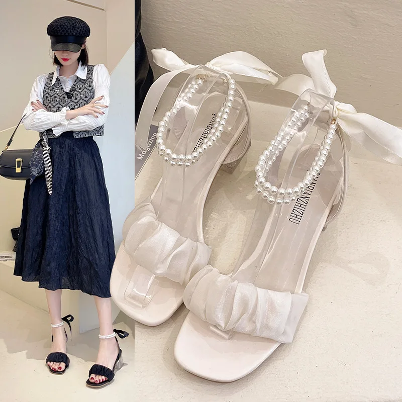 

2023 Sandals Pvc Shoes Strappy Heels Med Suit Female Beige New Plastic Fashion Lace Up Medium Pearl Block Comfort Clear Girls Hi