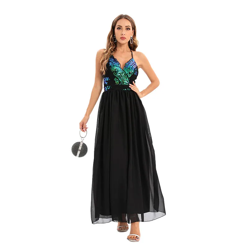 Women Elegant Sequined Patchwork Party Dress Sexy Spaghetti Deep V-neck Backless Prom Evening Dress Fashion Slim Formal Dresses