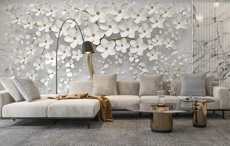 

Floral Tree Yellow Tone Trunk Wallpaper, Stylish Flowers Wall Mural