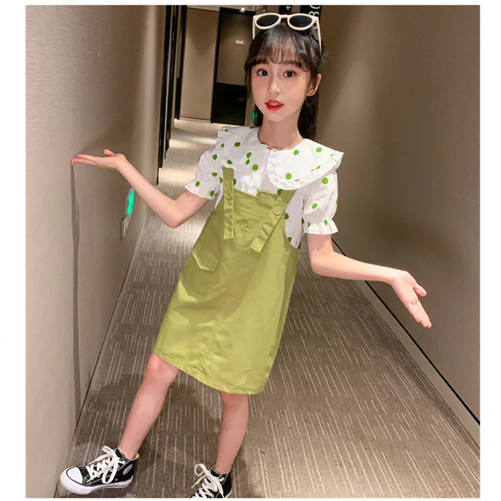 

Girls Simple Suit 4-12y Summer Korean Casual Polka Dot Shirt Solid Color Straps Skirt 2pc Sets for Girls Boutique Outfits