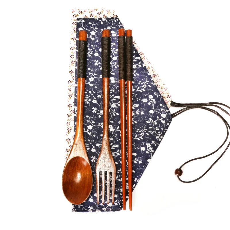

3-Piece Wooden Utensil Set Spoon Fork and Chopsticks with Floral Pouch Eating Utensils with Pouch for Office Camping Traveling