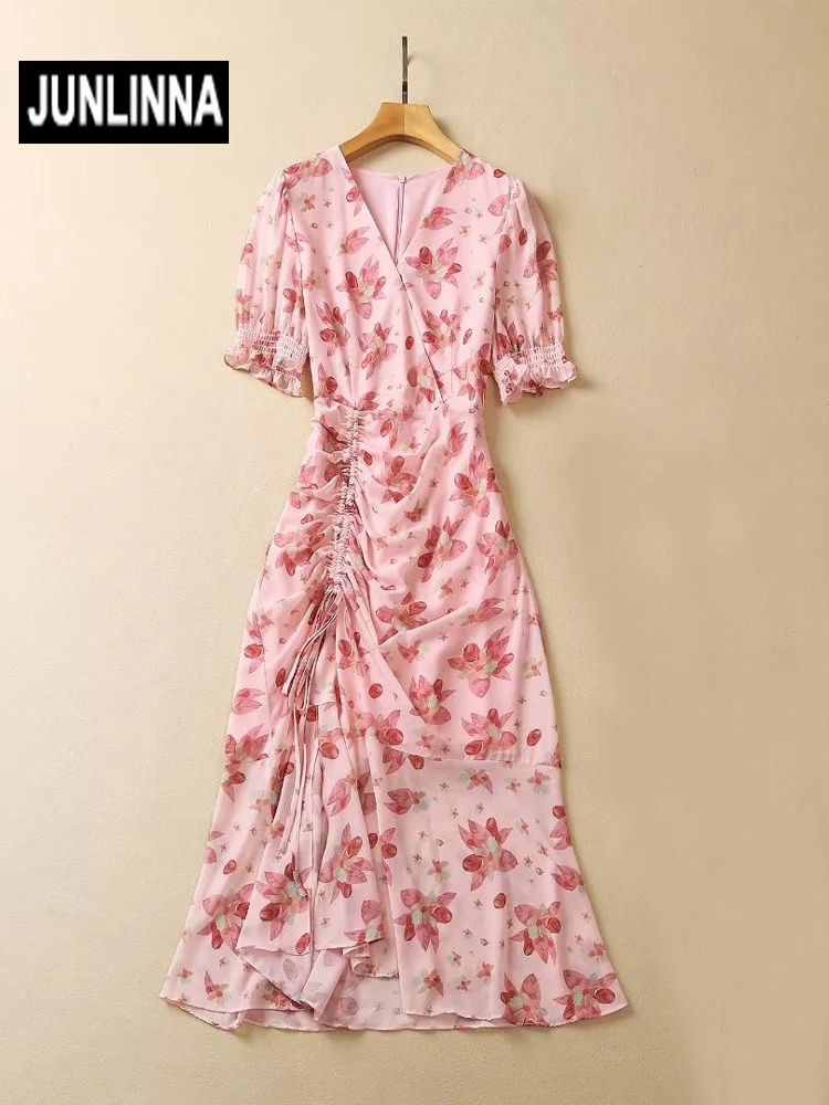 JUNLINNA Summer Fashion Chiffon Dress V Neck Short Puff Sleeve Flower Printing Pink Shirring Sliming Vestidos