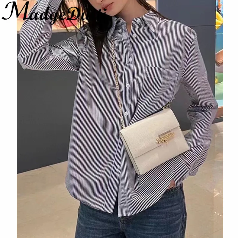 12.19  MadeDutti 2023 Early Spring New Cotton Striped Letter Embroidery Long Sleeve Shirt Women