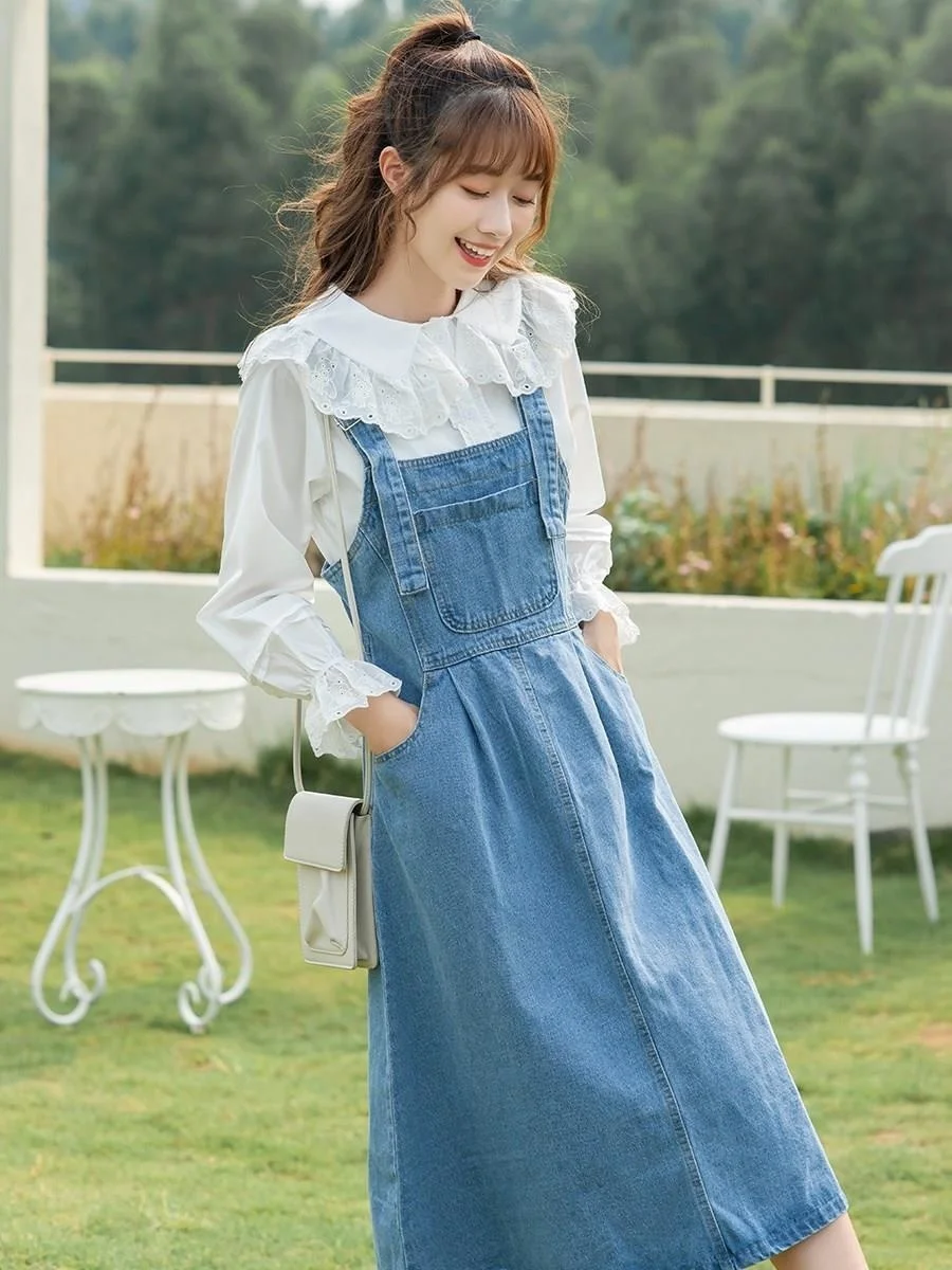 

Denim Overall Dress Women Korean Style Solid Spaghetti Strap Pocket Jeans Sundress Preppy Girl Student Dress Vestido Feminino