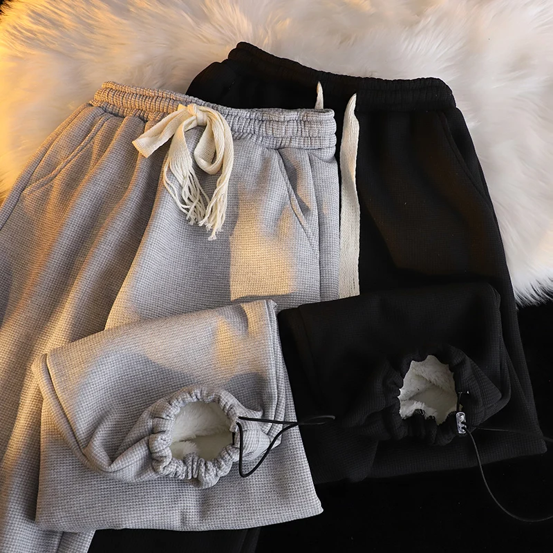 

Вафельные спортивные брюки с высокой талией, женские осенне-зимние Новые повседневные модные прямые брюки в мелкую клетку в американском спортивном стиле для женщин