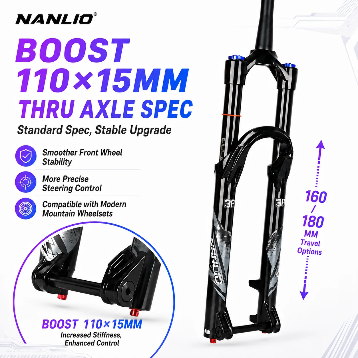 Фото Вилка для горного велосипеда NANLIO X10 PRO BOOST Oil Air MTB, ход 160/180 мм, шток 36/38 мм, сквозная ось 110x15 мм, 27.5/29 дюймов, для All Mountain и Enduro. №3