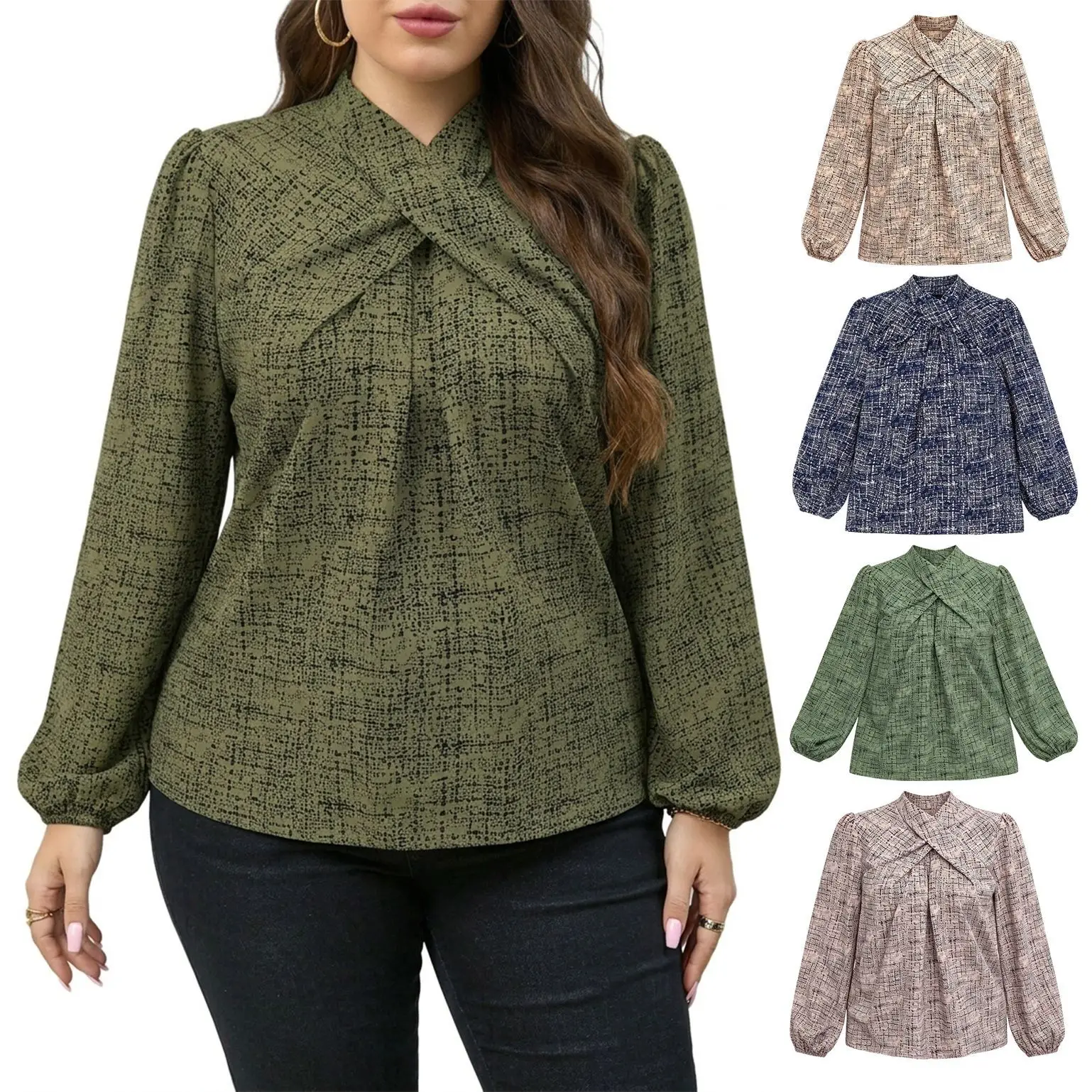 Фото Рубашка-блузка больших размеров 0XL-4XL, модная элегантная модель с принтом, V-образным вырезом, 3XL 4XL, женская футболка с длинным рукавом для осени и весны. №2