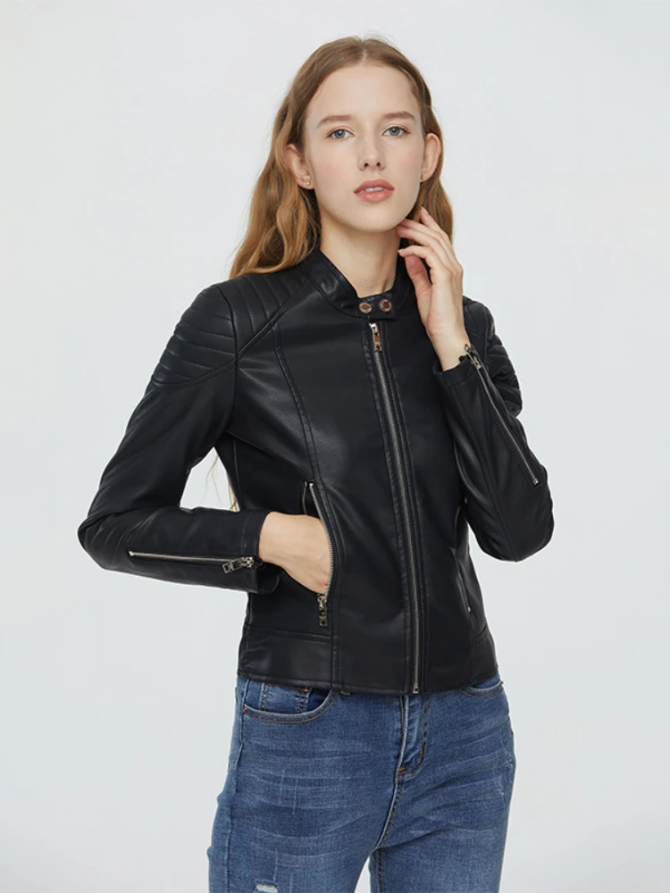 

FMFSSOM New Spring Autumn Female Soft MOTO Biker PU Jacket Windproof Streetwear Outwear Slim Fit Short Leather Coat