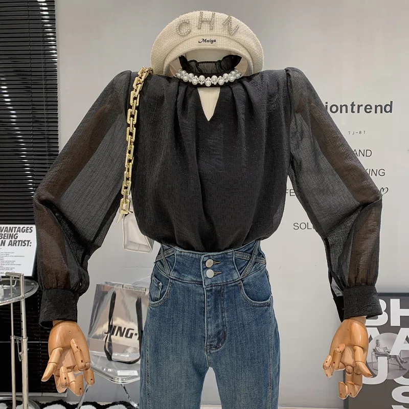 

Новинка, женская одежда 2022, зимняя рубашка с бусинами, дизайнерский ажурный топ с длинным рукавом, женская блуза