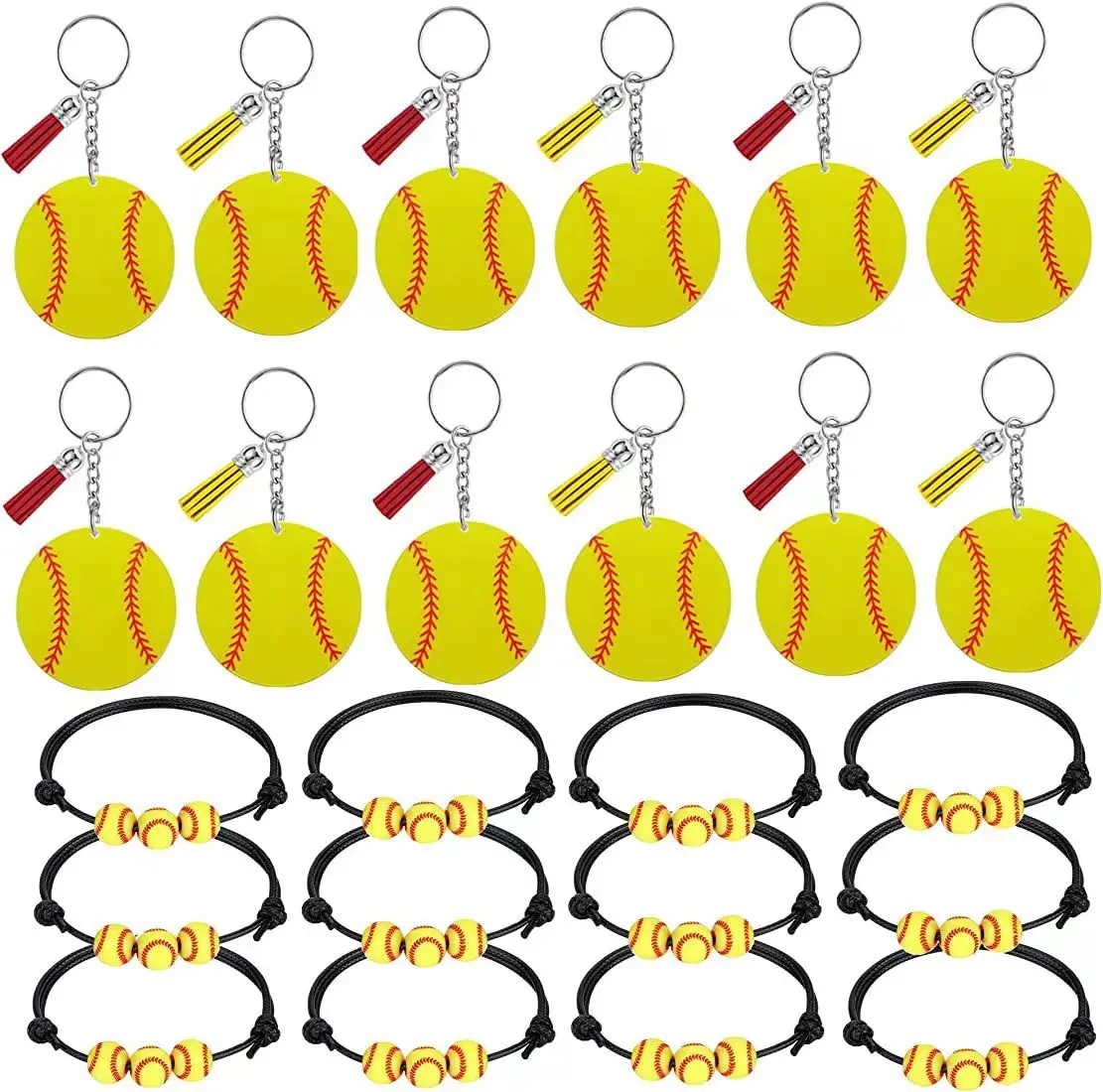 

24pcs Softball Acrylic Keychain Baseball Bracelet Hand-woven Bracelet DIY Sports Party Decor Bag Pendant Accessories